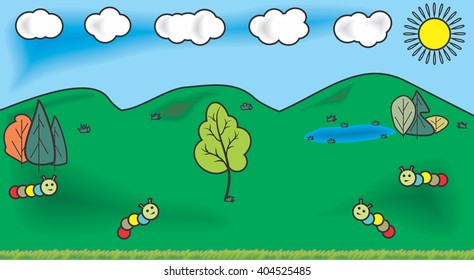 Vector cartoon illustration of beautiful green meadows and woods. Save tree concept.