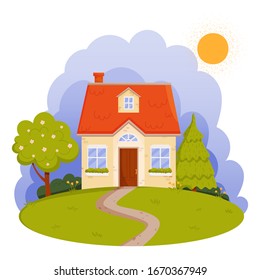 Vector cartoon illustration of a beautiful house and spring landscape