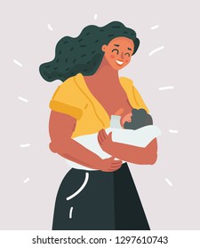 Vector cartoon illustration of Beautiful mother breastfeeding her baby child holding him in hands. Lactation concept on white background. Vector cartoon illustration of Beautiful mother breastfeeding her baby child holding him in hands. Lactation concept on white background.