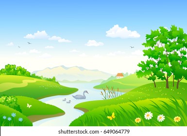 Vector cartoon illustration of beautiful river scene with a floating swan family