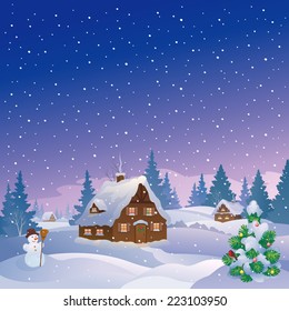 Vector Illustration Beautiful Snowy Christmas Village Stock Vector ...