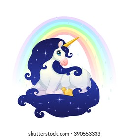 vector Cartoon illustration Beautiful Space Unicorn. rainbow background. long blue starry mane, tail. Golden hoof, horn. Legendary creature. Clip art isolated on white background. EPS 10 without mesh.