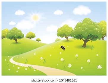 Vector cartoon illustration of a beautiful spring sunny meadow