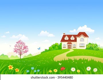 Vector cartoon illustration of a beautiful spring home and garden with blooming plants