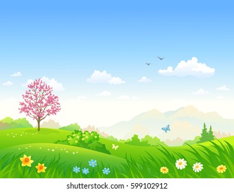 Vector cartoon illustration of a beautiful spring green landscape with blooming flowers