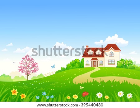 Vector cartoon illustration of a beautiful spring home and garden with blooming plants