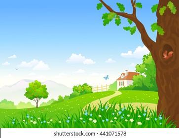 Vector cartoon illustration of a beautiful summer country landscape with a small house and an oak tree