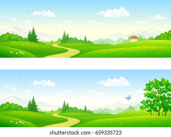 Vector cartoon illustration of beautiful summer path banners