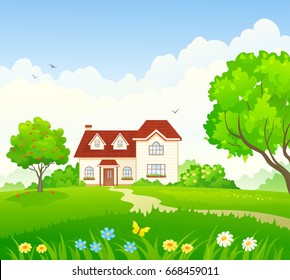 Vector cartoon illustration of a beautiful summer house and garden