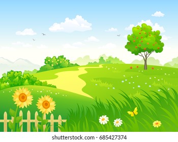 Vector cartoon illustration of a beautiful summer country garden