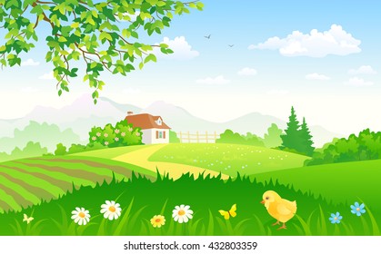 Vector cartoon illustration of a beautiful summertime rural garden