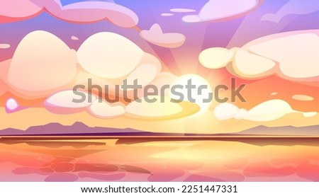 Vector cartoon illustration of beautiful sunset or sunrise gradient sky with clouds. Summer landscape with cloudy heaven, sunlights and sun over the sea.