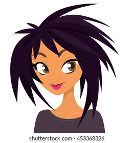 Vector cartoon  illustration of a beautiful teenager portrait with fancy black and violet spike haircut and blue dress. Top-model girl with green eyes  vector avatar icon. 