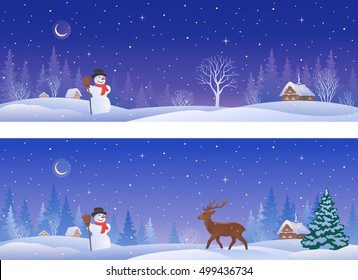 Vector cartoon illustration of a beautiful winter night village with a snow man and a deer, panoramic banners