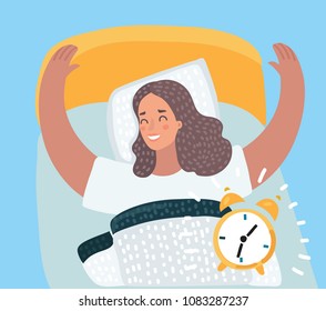 Vector cartoon illustration of Beautiful woman happy waking up on sunny new day in the bed. Sounds alarm clock