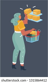 Vector cartoon illustration of beautiful woman with shopping basket in the shops.