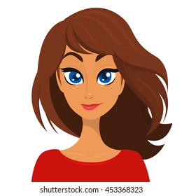 Vector cartoon  illustration of a beautiful woman portrait with long brown hair and red dress. Top-model girl with blue eyes vector avatar icon. 