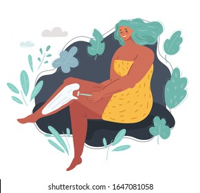 Cartoon-Illustration von Vektorillustration Schöne junge Frau, die in weißes Handtuch umhüllt ist und ihre Beine mit Rasierapparat auf dunklem Hintergrund rasiert. Night Self Care.