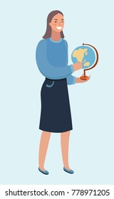 Vector cartoon illustration of beautiful young woman holding globe in hands. Modern charachter on isolated white background.