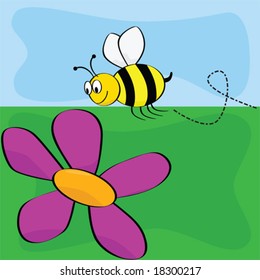 Vector cartoon illustration of a bee flying near a flower. For jpeg version, please see my portfolio.