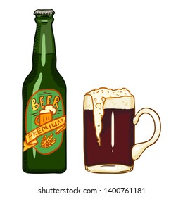 Vector Cartoon Illustration - Beer Bottle and Tankard Full of Dark Beer