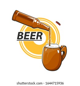 Vector cartoon illustration of beer bottle and cup, emblem for beer pub, vector illustration isolated on white background
