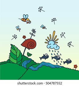Vector cartoon illustration with bees and dolphins