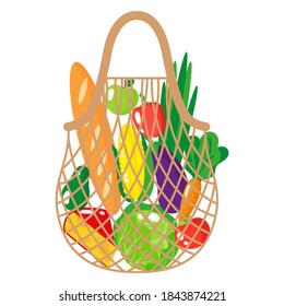 Vector cartoon illustration of beige grocery string or turtle mesh bag with healthy food isolated on white background. Caring for the environment concept. Eco-food shopping.