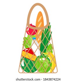 Vector cartoon illustration of beige grocery string bag or turtle mesh bag with organic food isolated on white background. Caring for the environment concept. Eco-food shopping.