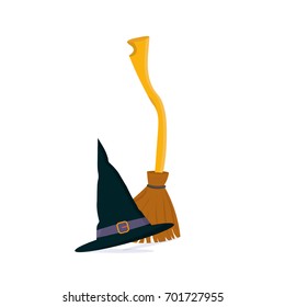 Vector cartoon illustration: Besom or Witch twig Broom and wizard hat or Merlin Cap isolated. Great for halloween materials and as fairy tales illustration or stage magician poster template.