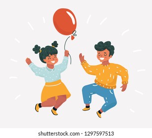 Vector cartoon illustration of best friends. Little kids celebrate. Girl and Boy jumping for joy. Childish character on white background.