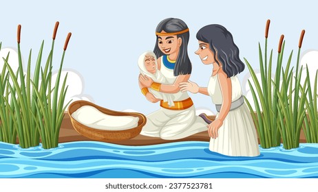 A vector cartoon illustration of the biblical story where Pharaoh's daughter finds baby Moses in a basket in the river