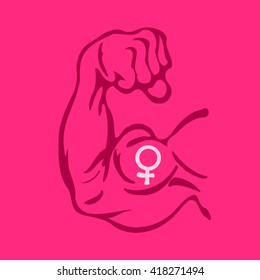 Vector cartoon illustration of Biceps with symbol of female gender on magenta background. Metaphor of feminism and strong feminist women 