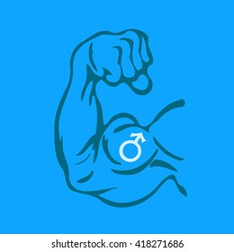 Vector cartoon illustration of Biceps with symbol of male gender on blue background. Metaphor of masculism / masculinism of strong men. Defiance to effeminacy 