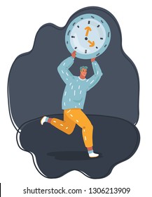 Vector cartoon illustration of big clock on shoulder of run tiny man. Lack of time concept.