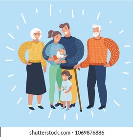 Vector cartoon illustration of Big family portrait. Grandfather, grandmother, mother, son, daughter, father. Three generation.