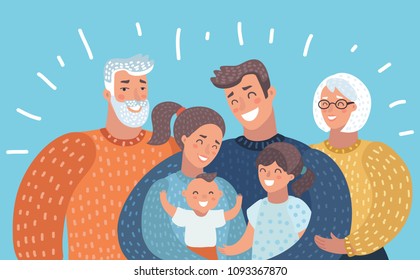 Vector cartoon illustration of big cartoon family with parents, children and grandparents. Horizontal picture on bright background.