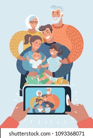 Vector cartoon illustration of Big Family. Kids, Parents ,Grandparents. Take Photo of two generation people.