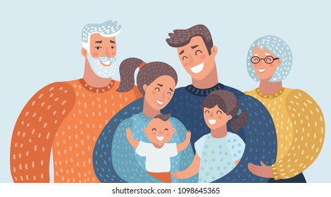 Vector cartoon illustration of big family. Close up. Three generation of people. Mother, Father, Grandmother, Grandfather, son daughter. Horizontal pic.