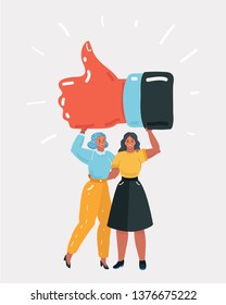 Vector cartoon illustration of Big like. Tiny women hold sign. Human character on white background.