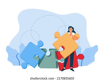 Vector cartoon illustration of big oversized jigsaw puzzle piece in hand of woman.