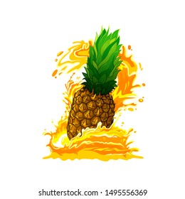 Vector cartoon illustration of big pine apple with sweet wave and splash of juice, vector illustration isolated on white background