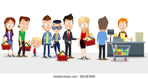 Vector cartoon illustration of big queue of different people in grocery store. Including crying kid, businessman, hipsters, cashier and other people
