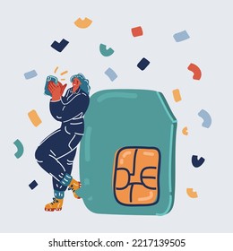 Vector cartoon illustration of big SIM card and woman stand behind it