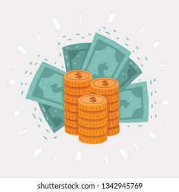 Vector cartoon illustration of Big stack of golden coins and dollar banknotes. Cash on white background.