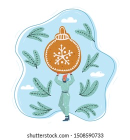Vector cartoon illustration of big Sweet and tasty Gingerbread in hands of tiny character on blue background.