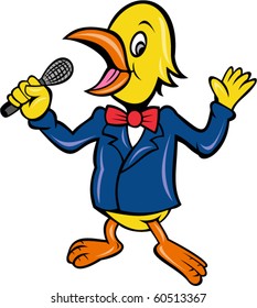 vector cartoon illustration of a bird singing karaoke with microphone in business suit isolated on white