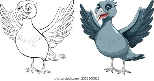 A vector cartoon illustration of a bird standing with its wings open, isolated on a white background illustration