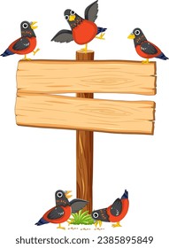 Vector cartoon illustration of birds gathered near a sign board