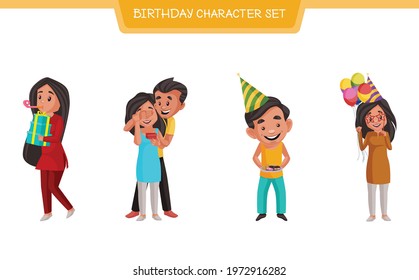 Vector cartoon illustration of birthday character set on white background.